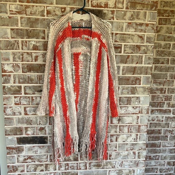 Free People Desert Daze Orange and Cream Chunky Knit Cardigan - Picture 2 of 13
